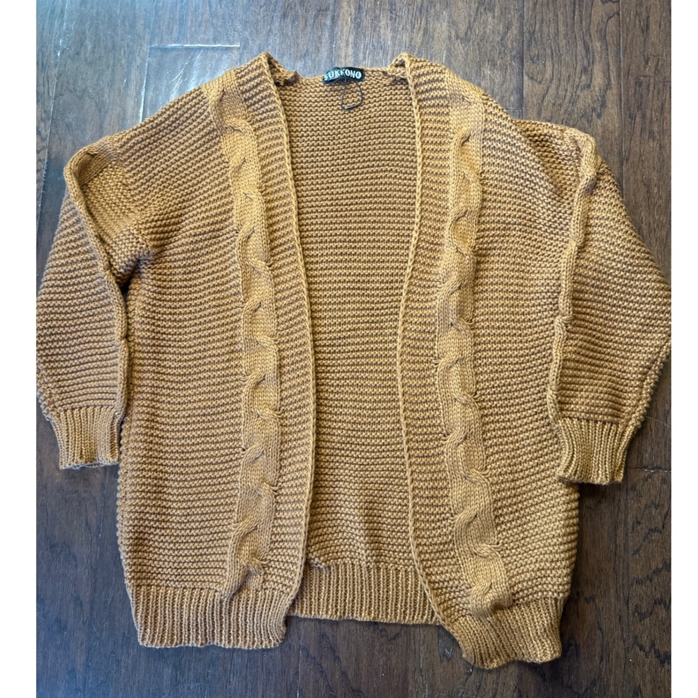 Sukkono Cardigan Sweater Women One Size Brown Cable Knit Open Front NWOT